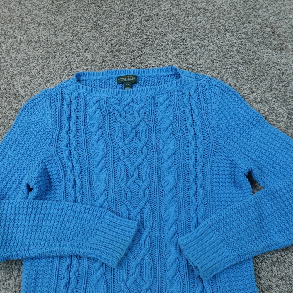 Ralph Lauren Sweater Womens PS Blue Aran Cable Knit Crewneck Pullover Fisherman
